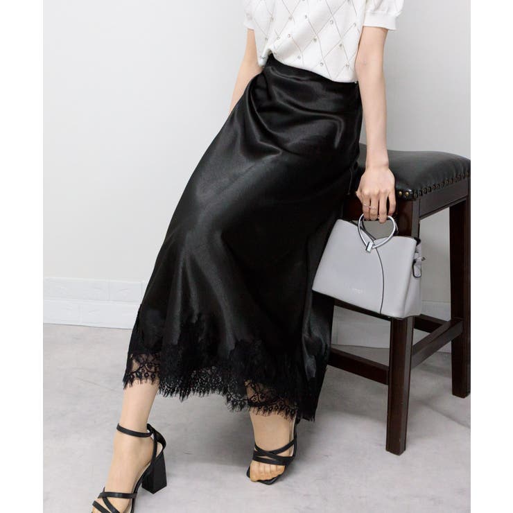 裾レース サテンフレアロングスカート[品番：PPNW0004872]｜Pumpkin