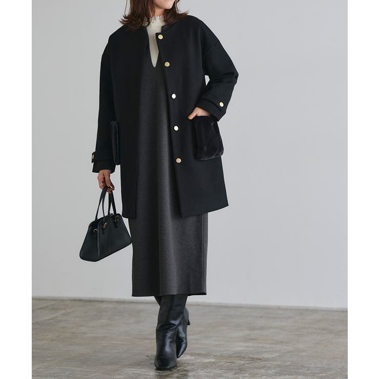 2wayファーポケットノーカラーコート コート アウター[品番