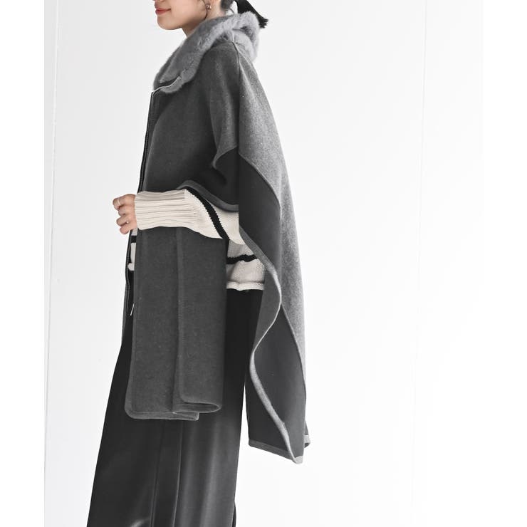 フェイクファーネック配色ポンチョコート[品番：RPSW0004248]｜rps