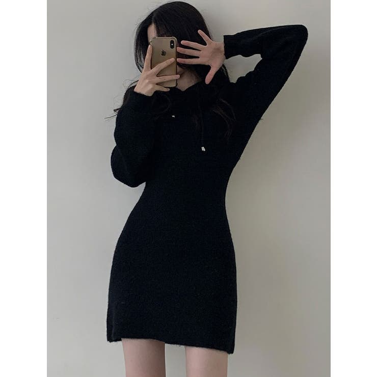 ソフトなニットミニワンピース フード付き 長袖[品番：KH000013108