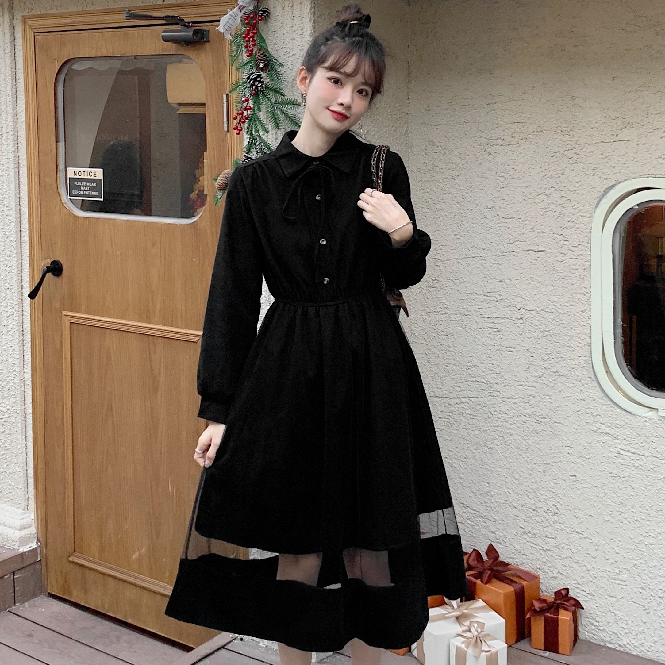 チュール切替襟付長袖ワンピース 秋冬新作 韓国ファッション[品番