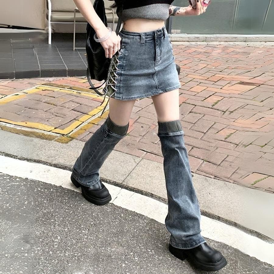 2点セット】韓国ストリートY2K レースアップデニムスカート×レッグ