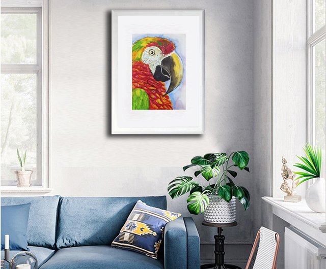 ロシア 赤いオウムコンゴウインコ水彩画アート絵画動物の鳥オリジナル