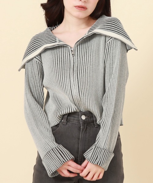 archives（アルシーヴ）の「フロントZIPオーバーカラー二重臼ニット