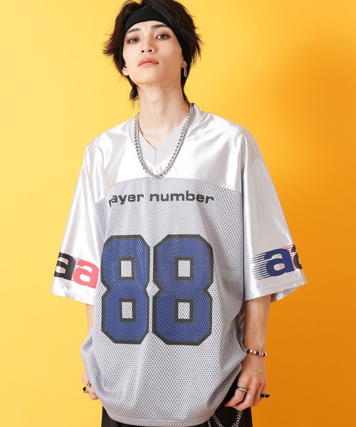 セール】a.p.o.v. コンビメッシュナンバリングフットボールシャツ（T