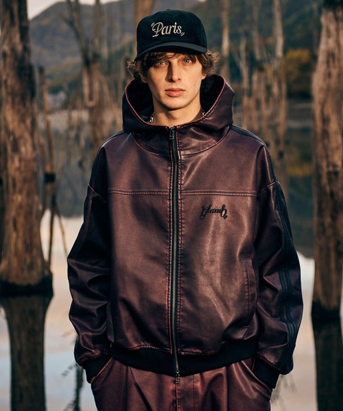 Synth Leather Hooded Track Jacket / シンセレザーフーデッドトラック