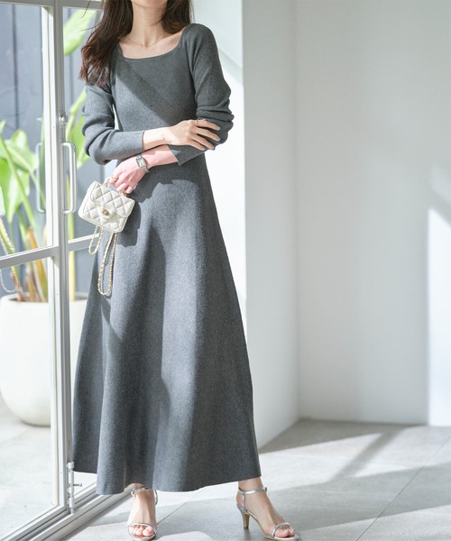 セール】[ 選べるネック＆袖丈 ] フィット&フレアニットワンピース