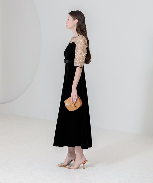 セール】【LEJA】ビスチェ風ウエストベルト付き花柄レースキラキラ刺繍