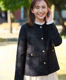 ノーカラージャケット（ブルー・ネイビー/青色系・フリンジ