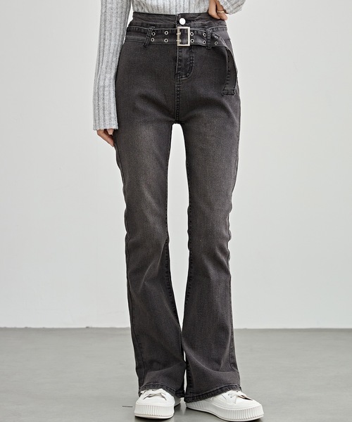 セール】スタッズベルト付き ハイウエスト フレア デニム パンツ