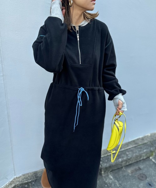 配色フリースボア ハーフZIPロングワンピース（ワンピース）｜mi via