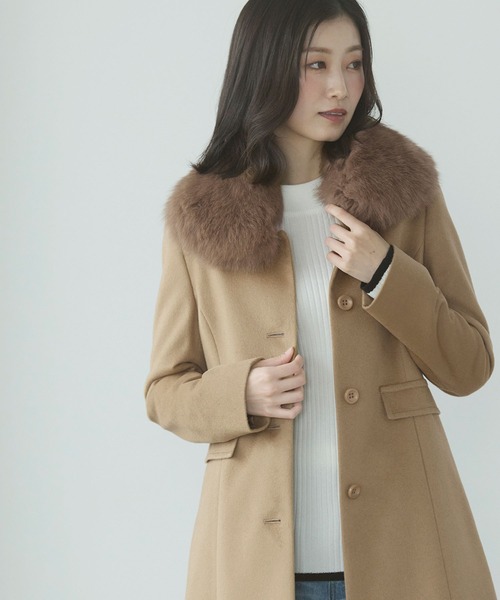 カシミヤ100％コートフォックスファー襟付き（ステンカラーコート