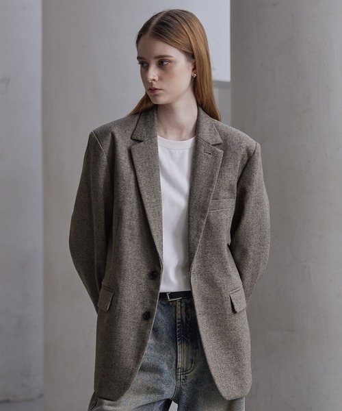 セール】【CLEL】Wool Blend Herringbone Tweed Tailored Jacket