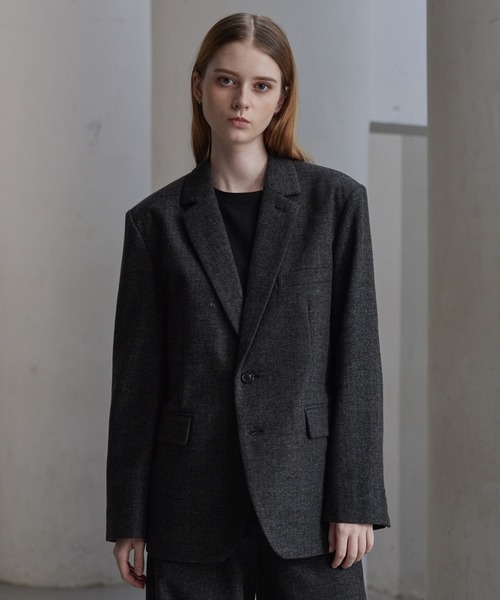 セール】【CLEL】Wool Blend Herringbone Tweed Tailored Jacket