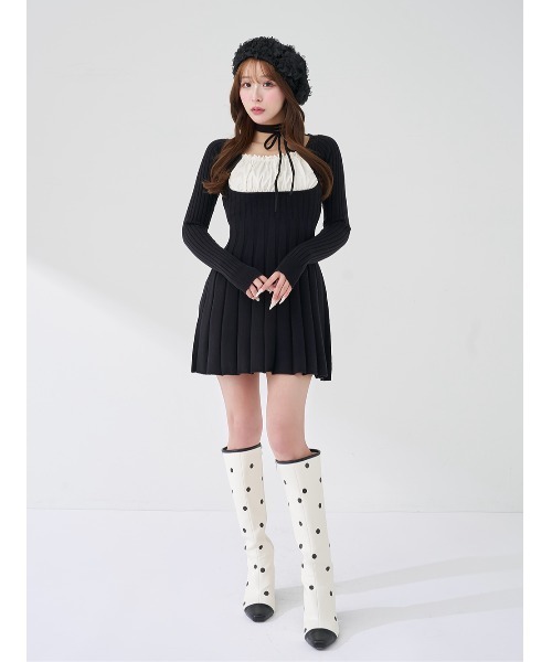 ネックリボンデザインフレアニットミニワンピース（ワンピース