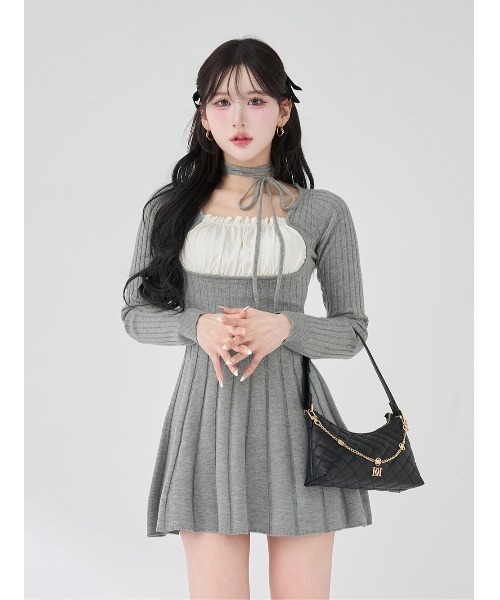 ネックリボンデザインフレアニットミニワンピース（ワンピース