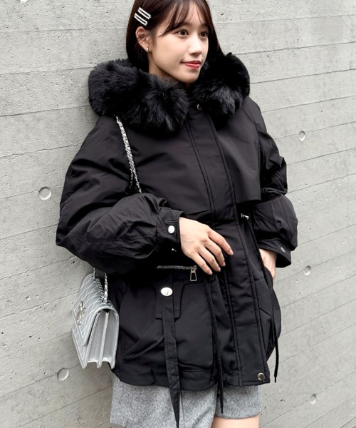 セール】ボリュームファーフードワンピースコート（ダウンジャケット