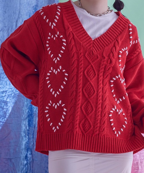 セール】配色ステッチハートケーブルVネックニット（ニット/セーター
