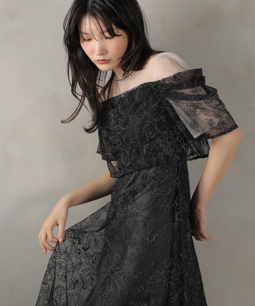 ラメ刺繍 花柄 フレア Aライン ワンピース ドレス パーティー 結婚式