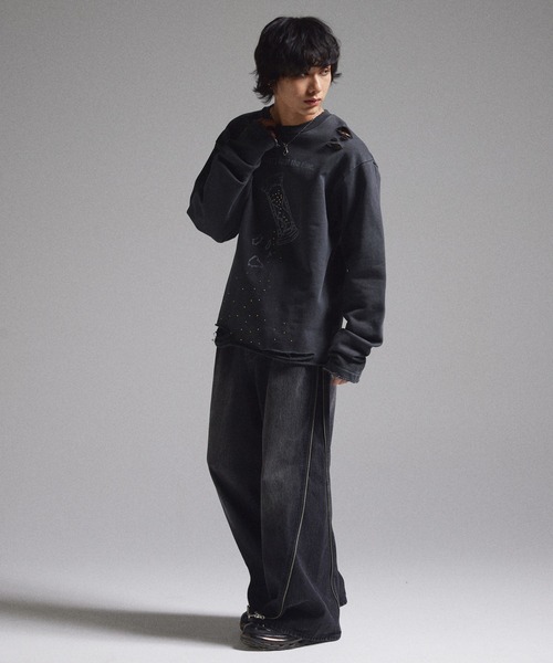 GRANCY】LinestoneDesign GraphicDamage SweatPullover / ライン
