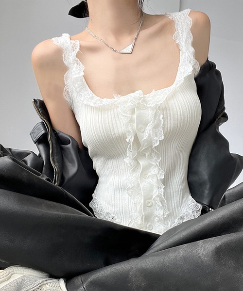 セール】フリルレースリブ編みタンクトップ（タンクトップ）｜PRIVATE