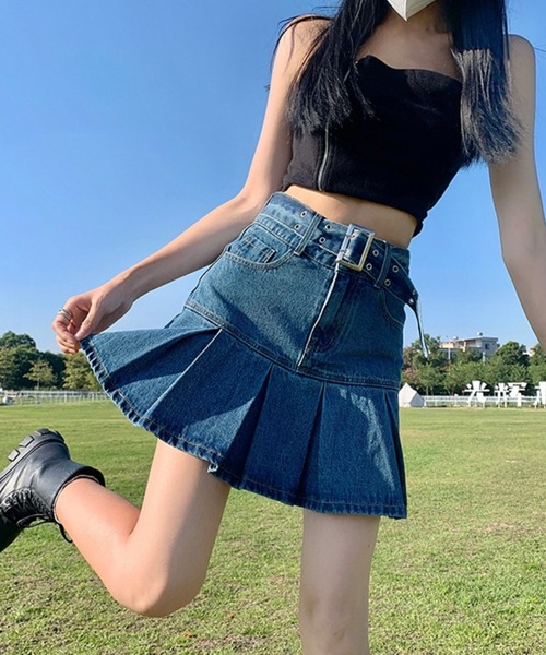 ベルト付き デニムプリーツミニスカート(BL)（スカート）｜almo