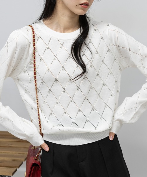 ラインストーン付 バイアス柄 長袖ニット（ニット/セーター）｜pumpkin