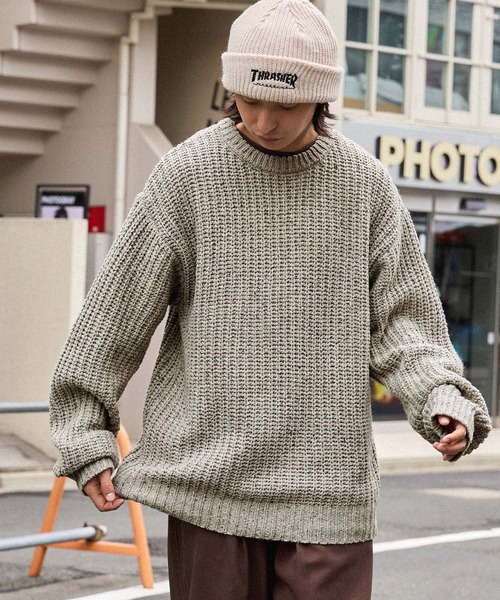 畦編みカラーネップ ビッグシルエットクルーネックニット MONO-MART