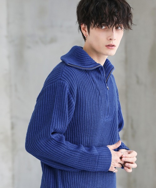 セール】ビッグシルエット畦編みハーフジップニット（ニット/セーター