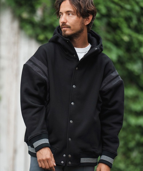 mj10045-Back Brushed Sweat Hooded Studium Jacket スタジャン