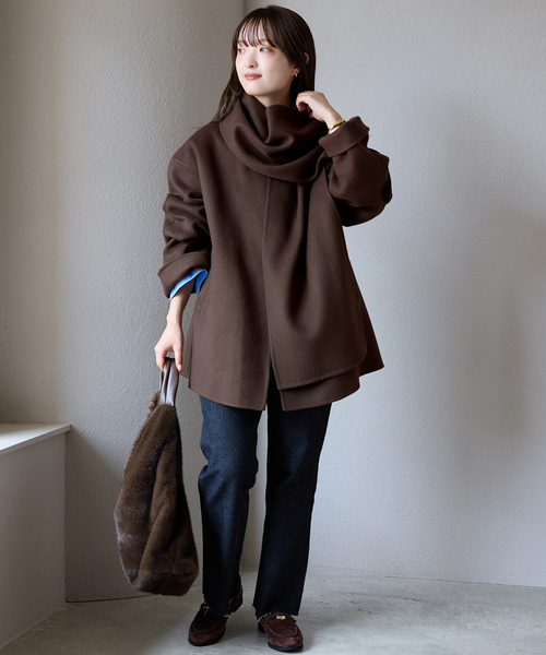 セール】《ストール付き》SUPER140 ダブルフェイスノーカラーコート