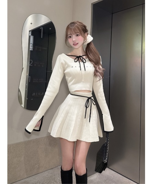 ウエストオープンリボンデザインニットミニワンピース（ワンピース