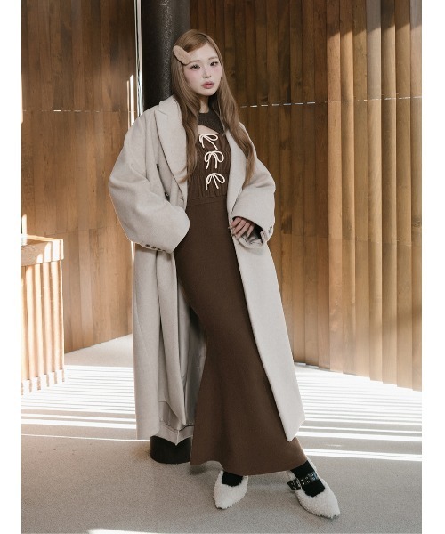 リボンデザインシャギーニットロングワンピース（ワンピース）｜Darich