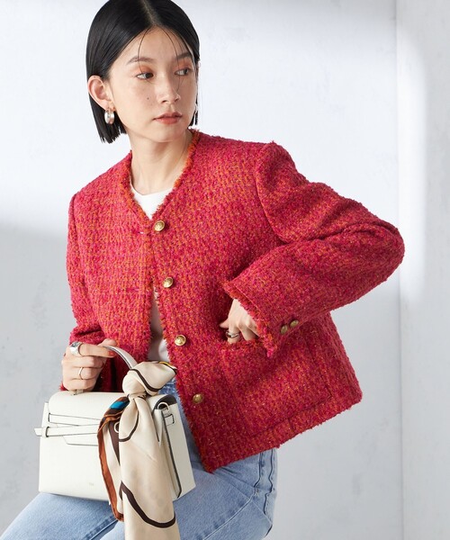 セール】GIOLICA: ツイード ノーカラー ジャケット（ノーカラー