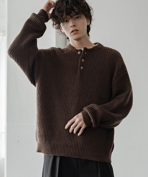 セール】新色追加 オーバーサイズ畦編みヘンリーネックニットセーター