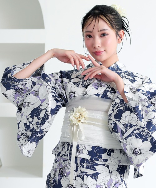 レディース 浴衣 レディース 女性浴衣 2点セット(綿浴衣+しわ兵児帯) F