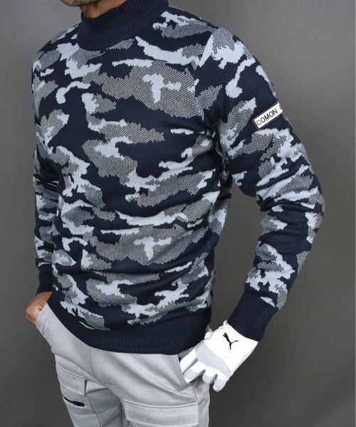 セール】ニット素材 迷彩 柄 モックネック ゴルフ ウェア セーター