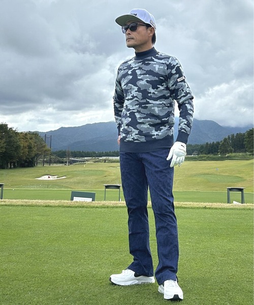 セール】ニット素材 迷彩 柄 モックネック ゴルフ ウェア セーター