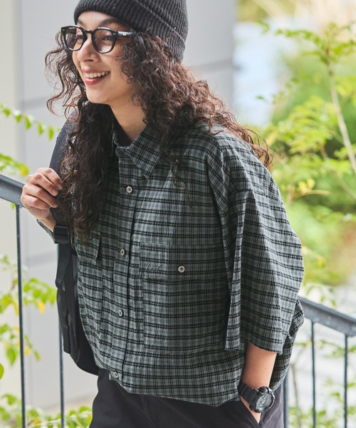 HECT】Big W-pocket Draw Cord Seersucker Check S/S Shirt / ビッグ