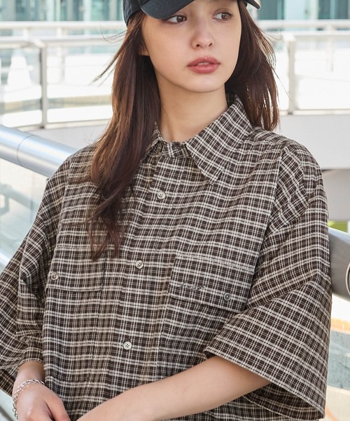 HECT】Big W-pocket Draw Cord Seersucker Check S/S Shirt / ビッグ