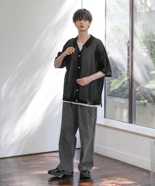 セール】クロシェメッシュ編みシアーサマーニットシャツ（シャツ