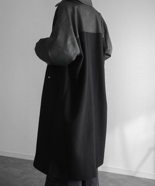 Super 120's Lamb wool Combination Long Balmacaan Coat - Super120's