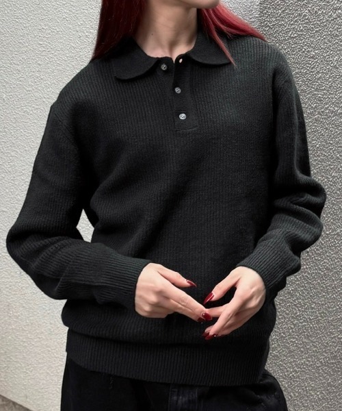 Chikashitsu +】wool touch lib knit polo / 【チカシツプラス】ウール