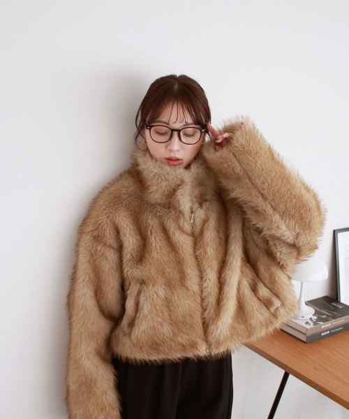 ミックスファーショートコート / ダブルジップ スタンドカラー