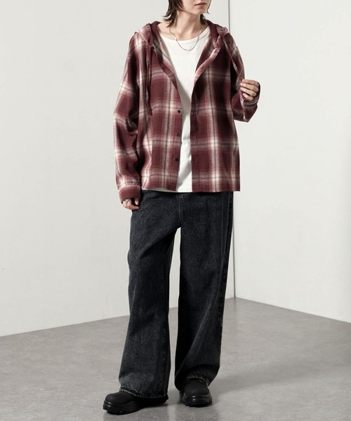 Alfred Alex】オンブレチェックオーバーサイズフードネルシャツ