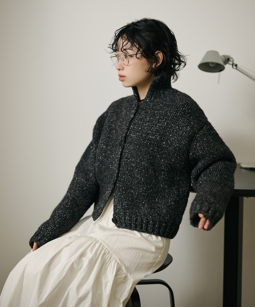 high neck low gauge knit cardigan /ハイネックローゲージ長袖ニット