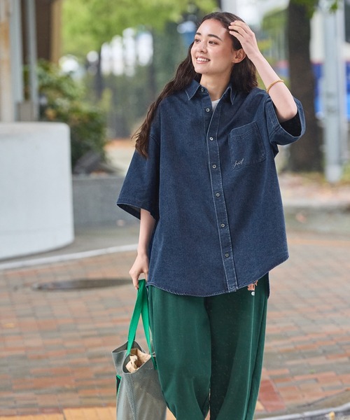 HECT】Big Regular collar Logo S/S Denim Shirt / ビッグシルエット