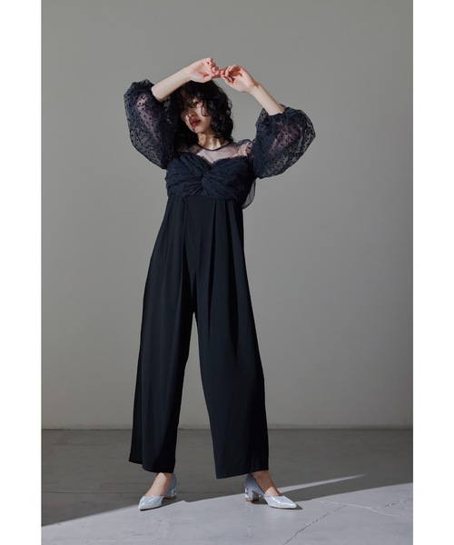 セール】フロッキードットパンツドレス オールインワン パーティー