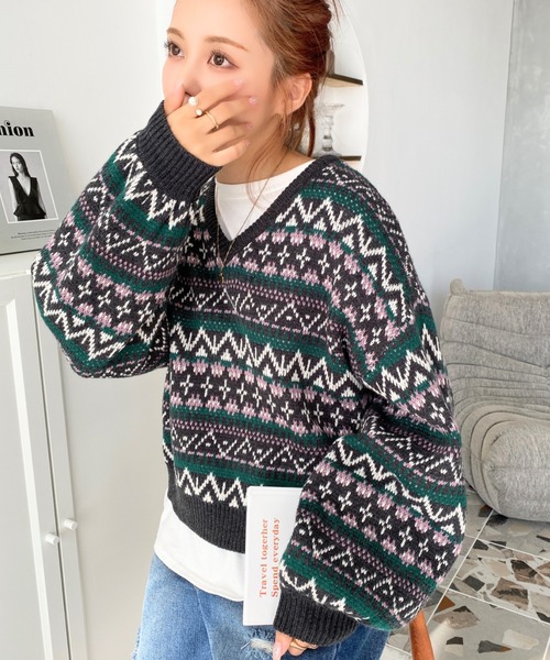 moment+（モーメントプラス）の「6G 幾何学模様ジャガードVネック