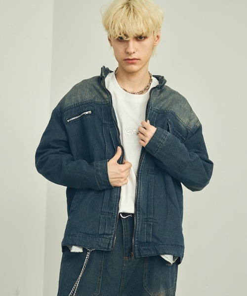 セール】ビンテージウォッシュジップアップデニムジャケット